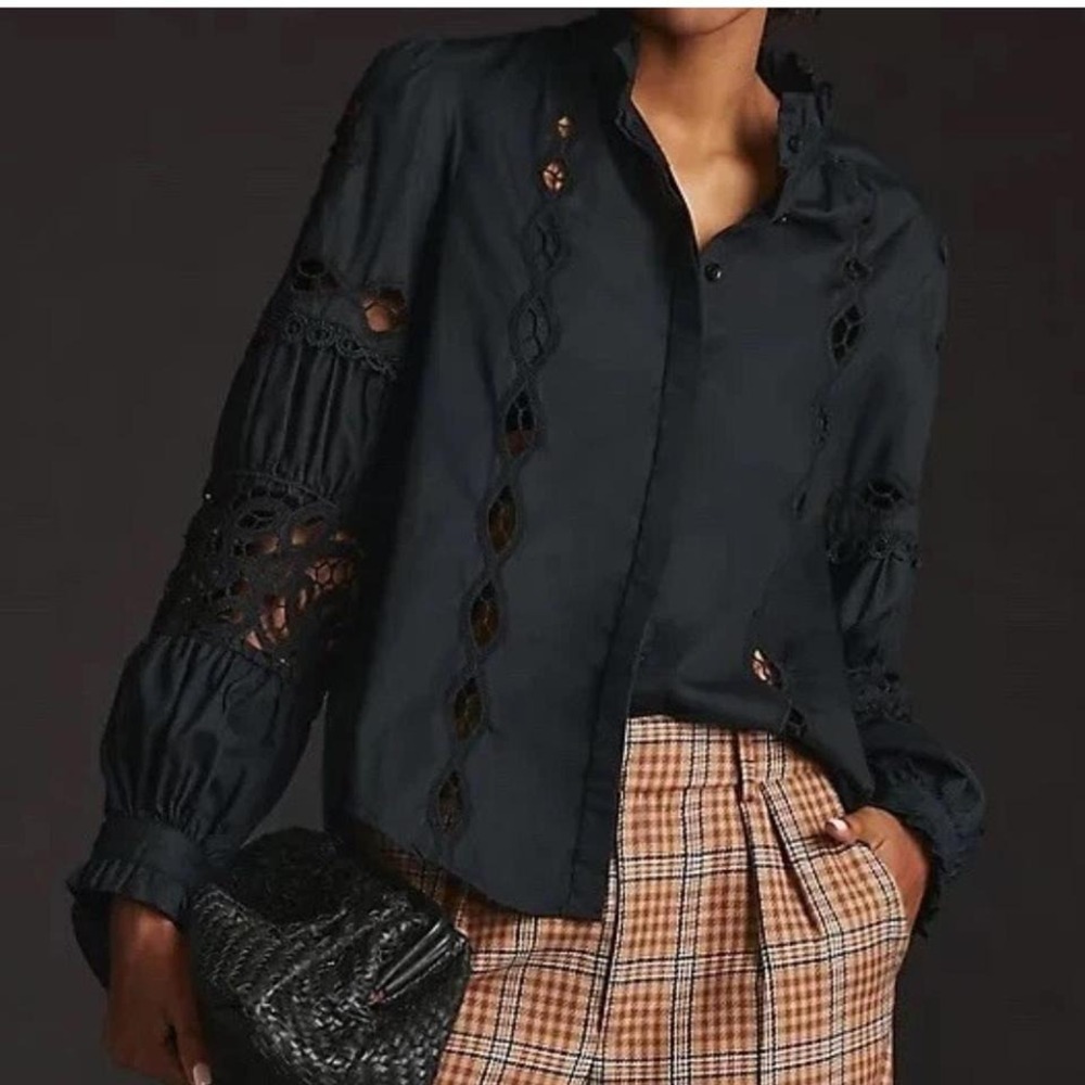 Anthropologie‎ Black Lace Eyelit Long Sleeve Button Down Collared Shirt Size S - Picture 2 of 8